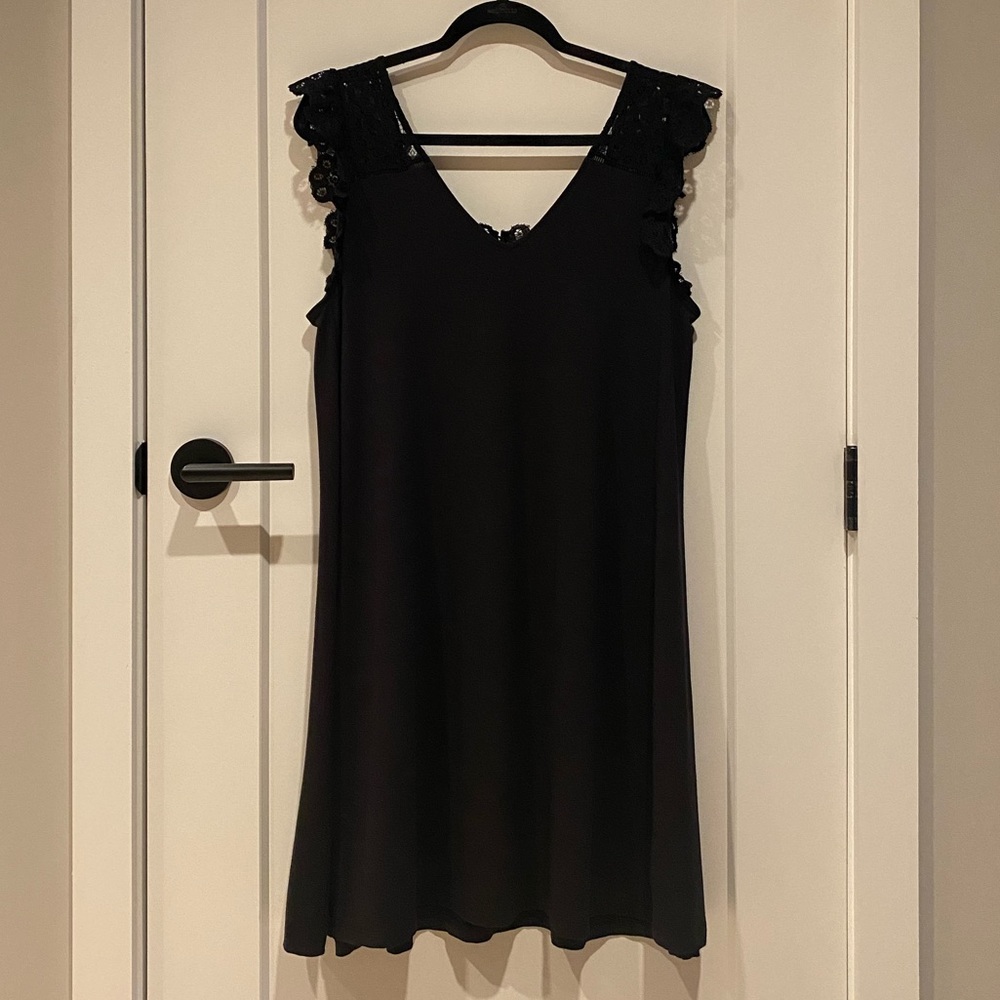 LOFT Black Swing Party or Wedding Guest Dress with Lace Sleeves
